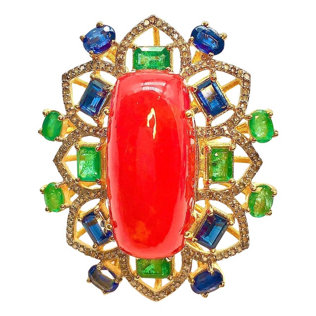 Bochic "Orient" Vintage Orange Opal, Emerald, Kyanite & Diamond Ring Set In 18K For Sale