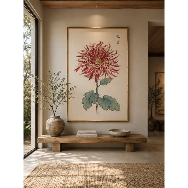 Red Red Chrysanthemum by Hasegawa, Vintage Japanese Botanical Art Print, 16" X 24" For Sale - Image 8 of 9