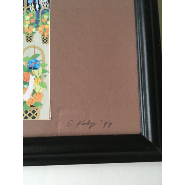 Blue 1990s "Fuhlin (Wind Bell)" Japanese Kirie Razor Cut Art, Framed For Sale - Image 8 of 13