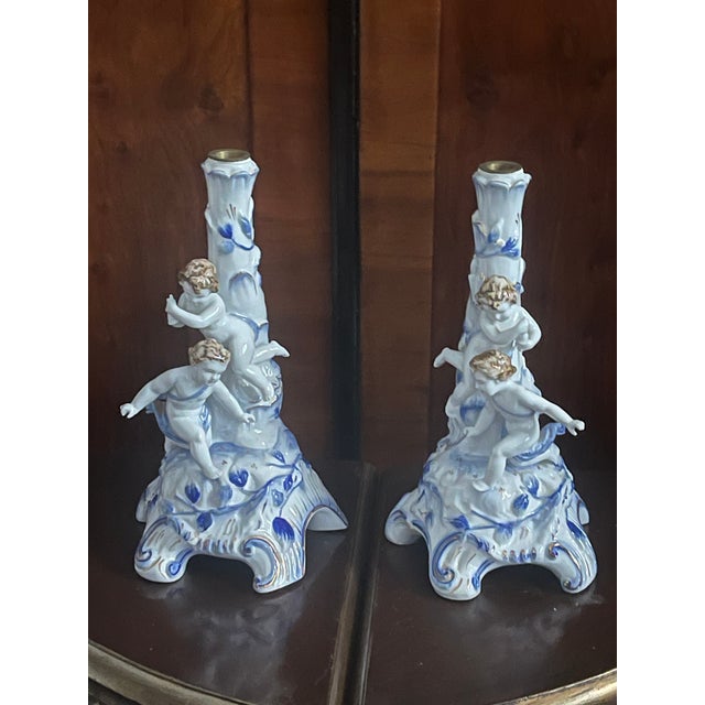 Traditional Vintage German Meisen Style Porcelain Figural 2 Parts Candleholders For Sale - Image 3 of 11