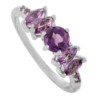 Timeless Round Centerpiece Five-Stone Amethyst Pure 925 Silver Ring - Size 7.5 For Sale