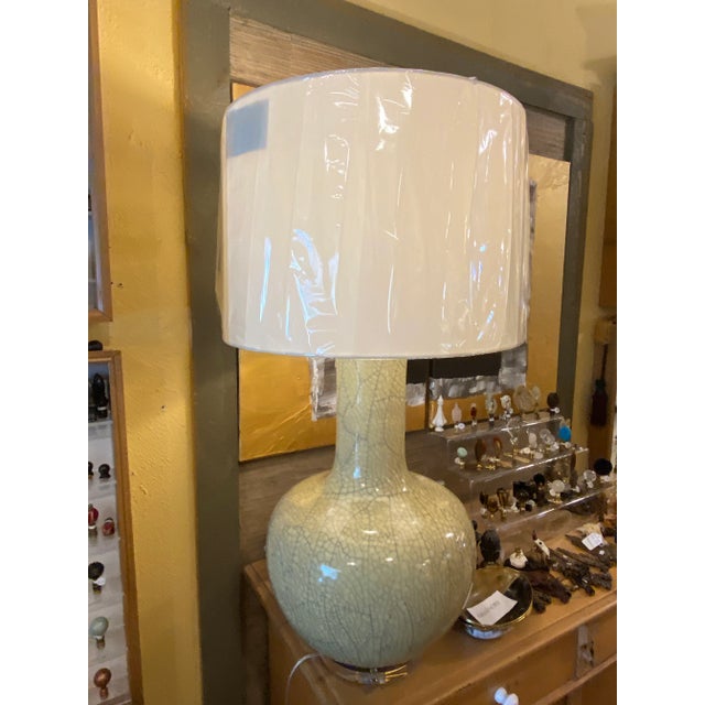 1950s Tall Vintage 1950s Art Deco Style Repurposed Raku Celadon Green Vase Lamp With Shade For Sale - Image 5 of 11