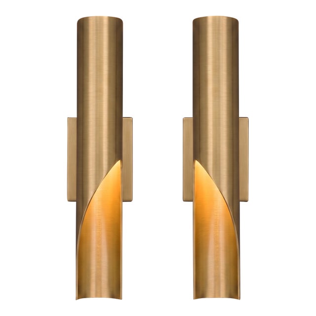 Mid-Century Modern Brass Cylinder Wall Sconces - Handcrafted Antique Look - a Pair For Sale