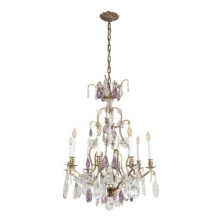 Mid 20th Century Louis XV Amethyst & Clear Rock Crystal Bronze Chandelier For Sale