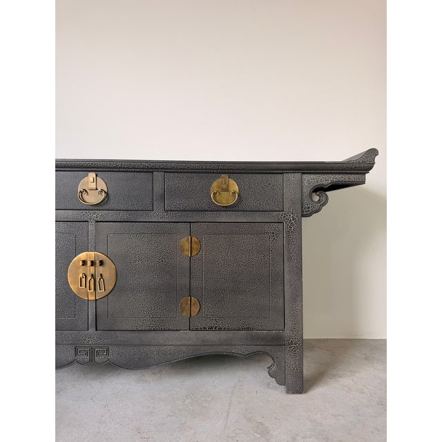 Baker Furniture Ming Style Crackle Finish Sideboard With Brass Handles For Sale - Image 4 of 18