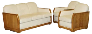 Art Deco Walnut & Cream Leather Sofa & Armchairs by Harry & Lou Epstein, Set of 3