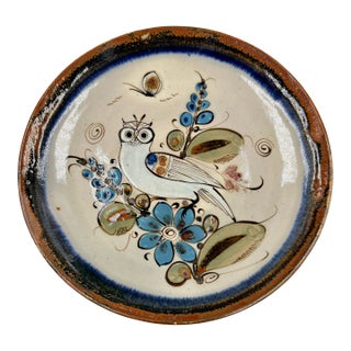 1950s Folk-Art Ken Edwards Tonala Pottery Hand Painted Owl Serving Chop Plate For Sale