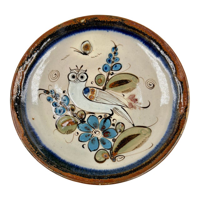 1950s Folk-Art Ken Edwards Tonala Pottery Hand Painted Owl Serving Chop Plate For Sale