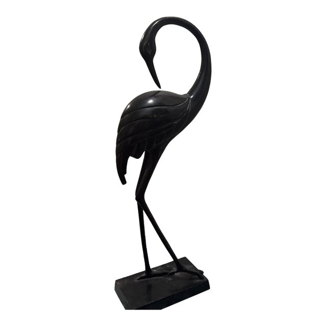 Vintage Mid-Century Modern Bronze Crane Sculpture – Elegant Minimalist Art Deco Stylized Bird Statue For Sale
