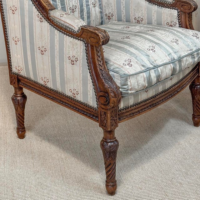 Pair 19th Century French Louis XVI Walnut Bergères ~ Armchairs For Sale - Image 14 of 17