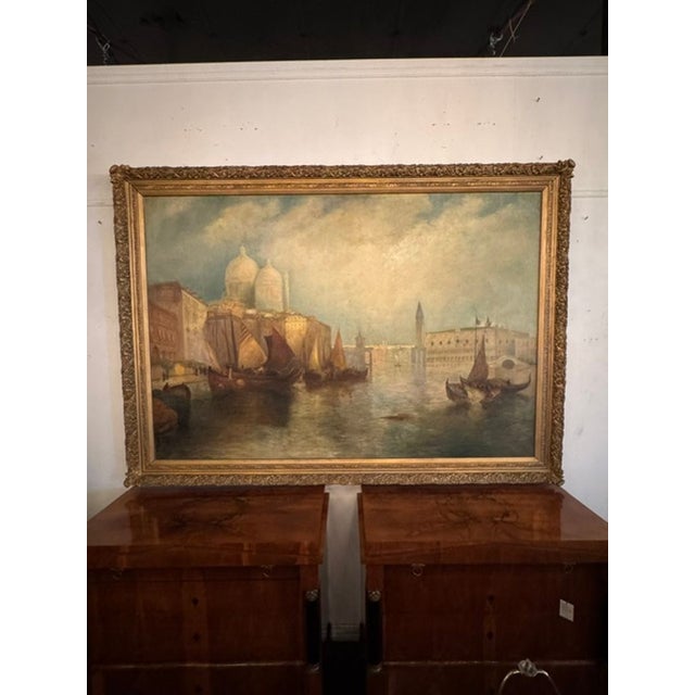 The product is a large Italian Venetian scene oil painting on canvas, depicting a vivid and detailed scene of Venice,...