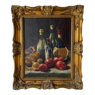 1970s Vintage Impressionist Bread, Fruit & Wine Still Life Oil on Canvas Painting in - Frame For Sale
