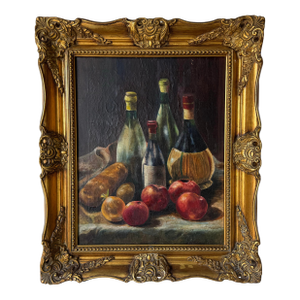 1970s Vintage Impressionist Bread, Fruit & Wine Still Life Oil on Canvas Painting in - Frame