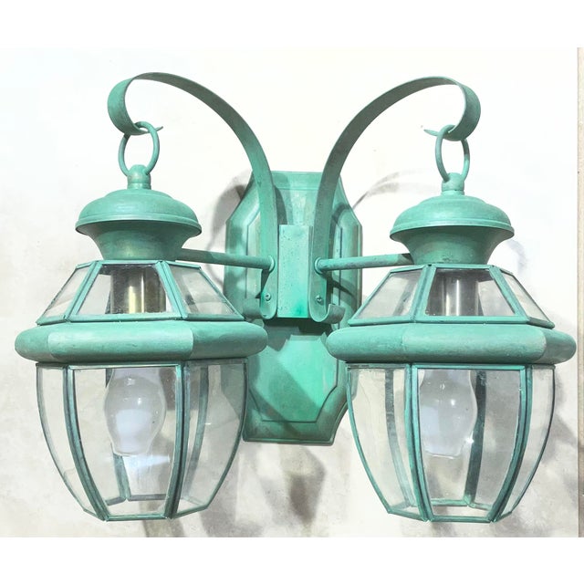 Metal Vintage Brass 2-Light Outdoor Wall Lantern -15” W X 12”h X 8”h For Sale - Image 7 of 10