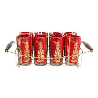 Vintage Mid Century Culver Glass Red & 22k Gold Thai Goddess Highball With Caddy Barware Set - 9 Pieces For Sale