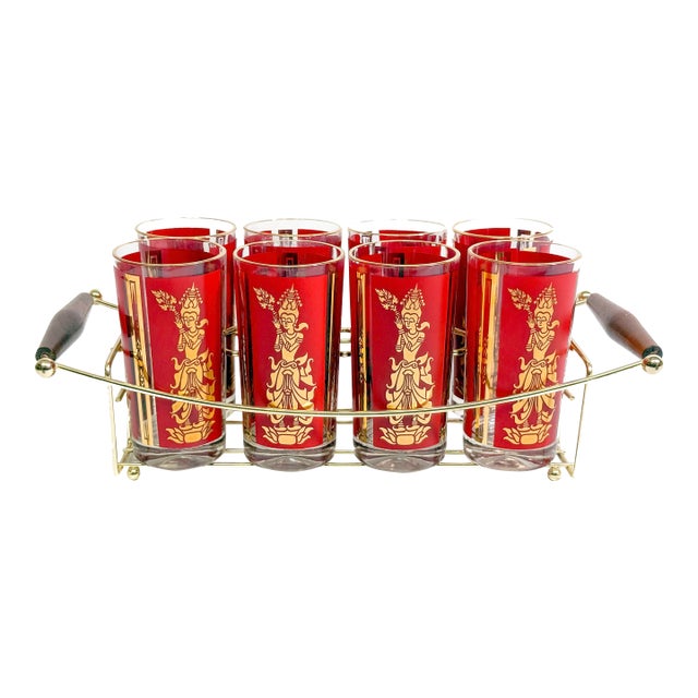 Vintage Mid Century Culver Glass Red & 22k Gold Thai Goddess Highball With Caddy Barware Set - 9 Pieces For Sale