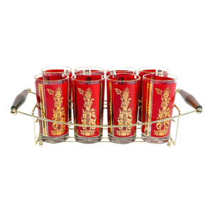 Vintage Mid Century Culver Glass Red & 22k Gold Thai Goddess Highball With Caddy Barware Set - 9 Pieces