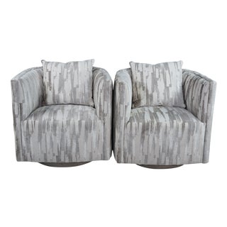 2 Late 20th Century Artistica Modern Grey Chenille Jacquard Fabric Ingrid Swivel Chairs II Pair For Sale