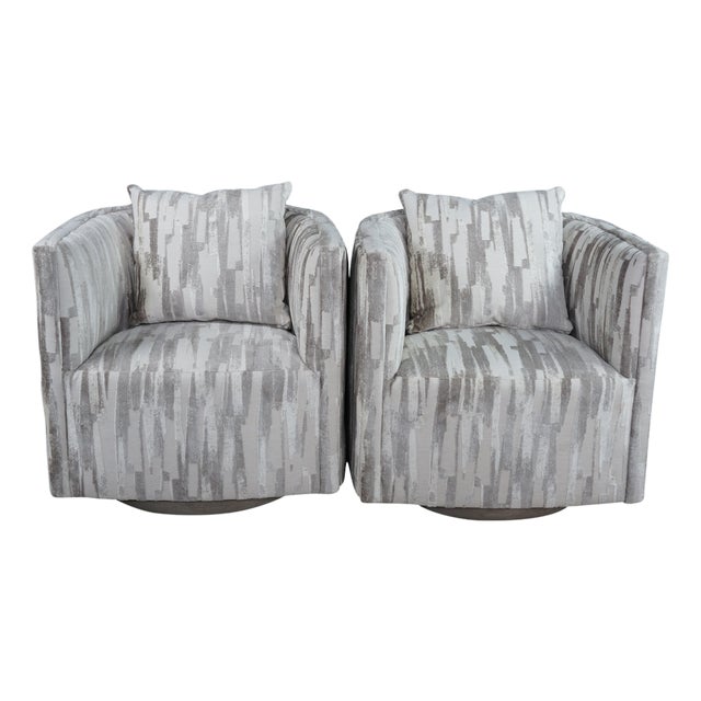 2 Late 20th Century Artistica Modern Grey Chenille Jacquard Fabric Ingrid Swivel Chairs II Pair For Sale