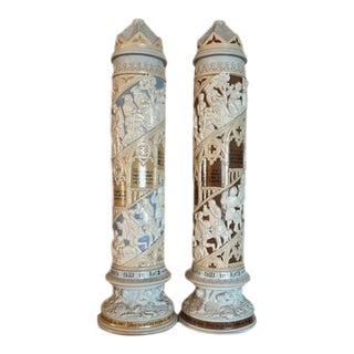 RARE Pair Antique V&B Mettlach 16" Relief Tower Steins #168 Medieval Scene For Sale