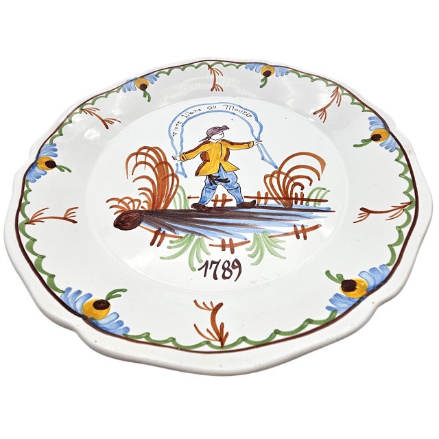 French French Peint Main Faience Plate With Folk Figure, 9.25" For Sale - Image 3 of 12