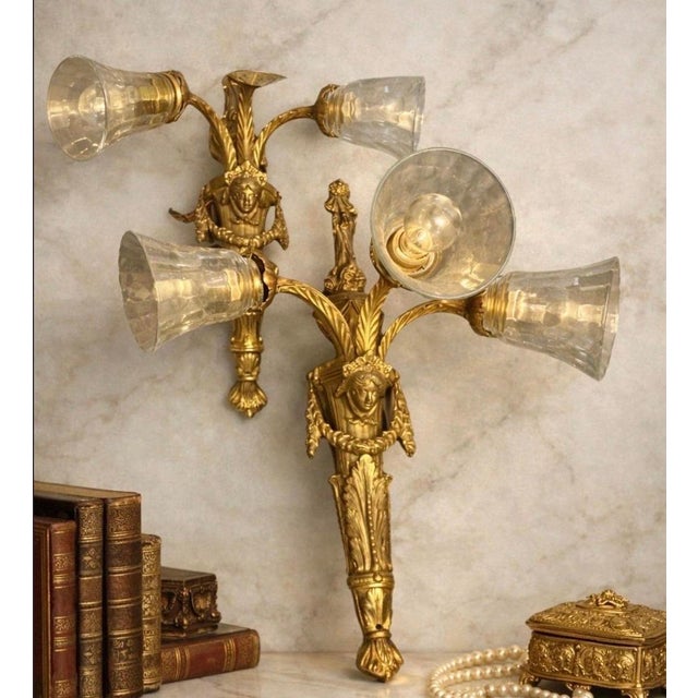 Neoclassical Vintage Neoclassical Gilt Brass Figural Three-Light Wall Sconces - a Pair For Sale - Image 3 of 12