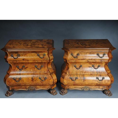 Pair (2) inlaid Italian Baroque chests of drawers/nightstands, 20th Century Solid wood inlaid with a delicately curved...