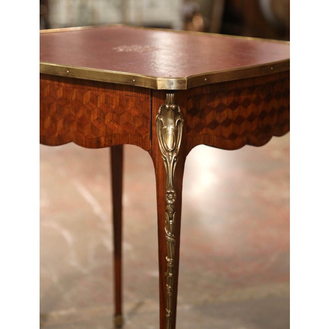 19th Century French Louis XV Leather Top Marquetry Walnut and Bronze Side Table For Sale In Dallas - Image 6 of 9