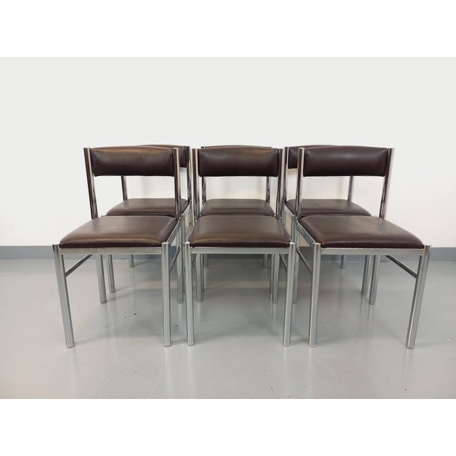 Vintage Chairs in Chromed Metal and Brown Imitation Leather, 1970s, Set of 6 For Sale - Image 15 of 18