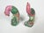 Pair of small Chinese export porcelain birds in pink and green glaze. Slightly different poses and color variation, larger...
