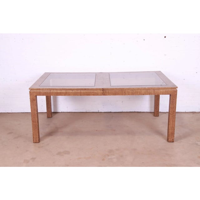 Mid-Century Modern Karl Springer Attributed Mid-Century Modern Lacquered Grasscloth Extension Dining Table, 1970s For Sale - Image 3 of 13