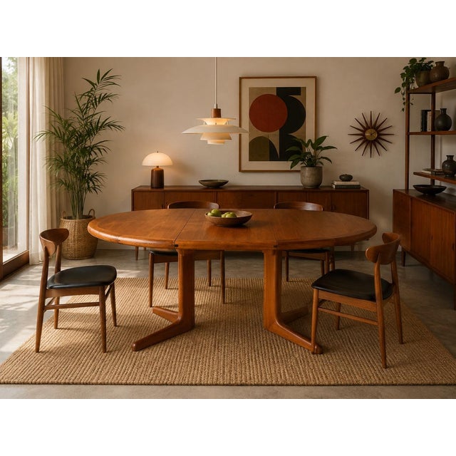 Beautiful 1970s Mid-Century Danish Modern dining table crafted in teak, featuring a warm natural finish and attractive...