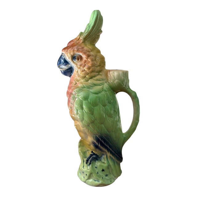 Vintage French St. Clément Majolica Parrot Pitcher, C. 1920s–1930s — 13” For Sale