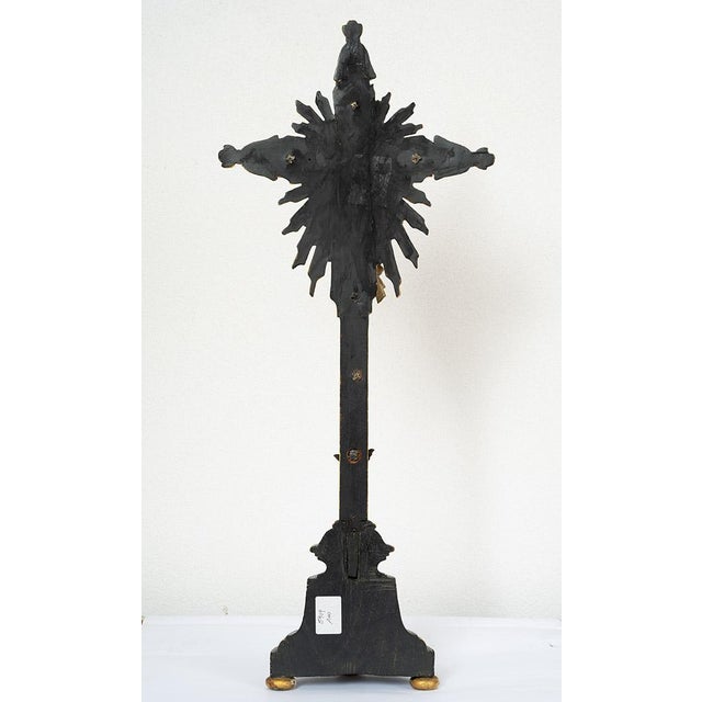 Antique Polychrome Wooden Crucifix on an Ebonized and Gilded Cross. Naples, 1800s For Sale - Image 4 of 5