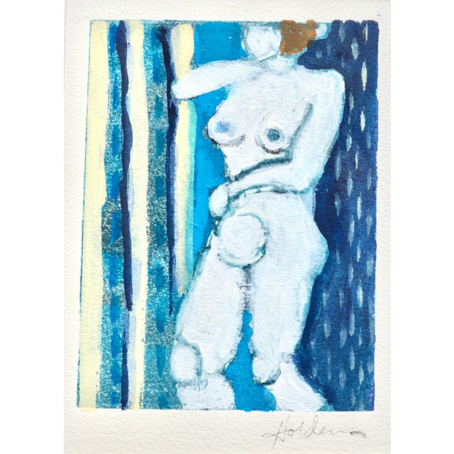 Contemporary "Lady in Blue Contemporary Abstract Figurative Watercolor and Pastel Drawing by Martha Holden For Sale - Image 3 of 6