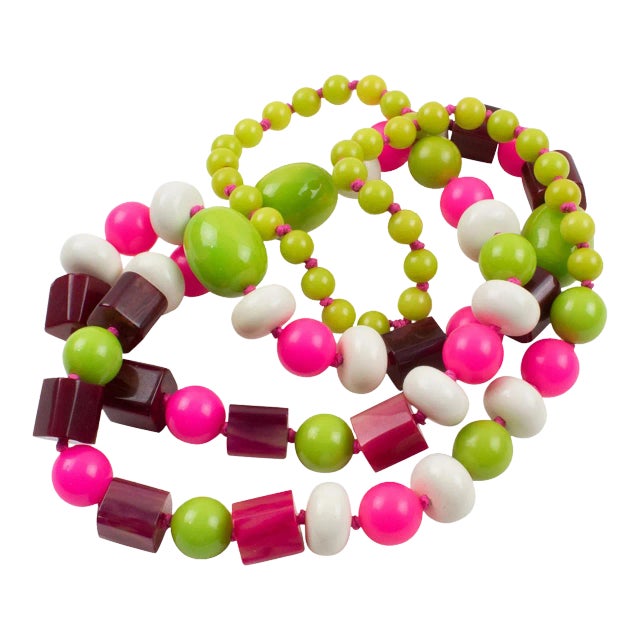 Bakelite and Lucite Long Necklace White, Hot Pink, Apple Green Beads For Sale