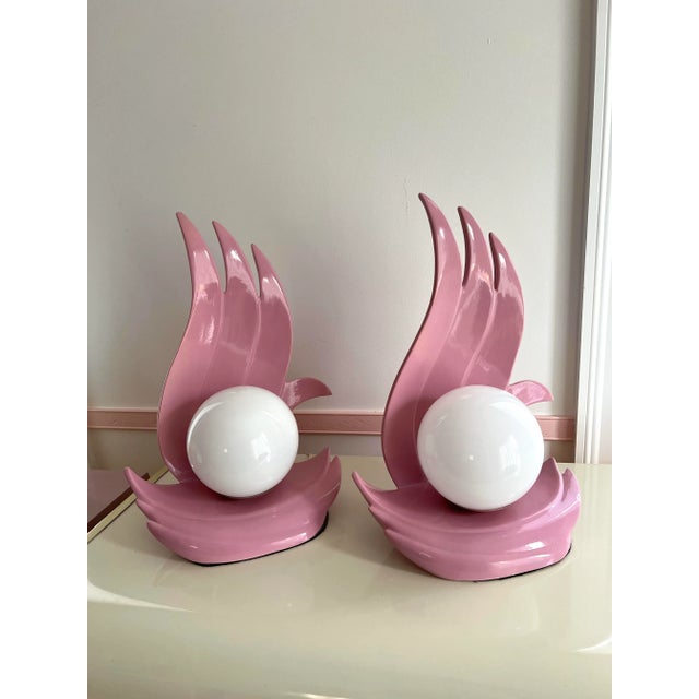 Very unique art deco pink ceramic flame table lamps, circa 1980