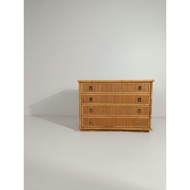 Italian Chest of Drawers with Mirror in Bamboo Wicker & Brass attributed to Dal Vera, 1970s For Sale - Image 3 of 18
