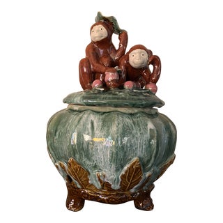 1960s Majolica Sancai Cookie Jar Container Monkeys on Branch With Peaches For Sale