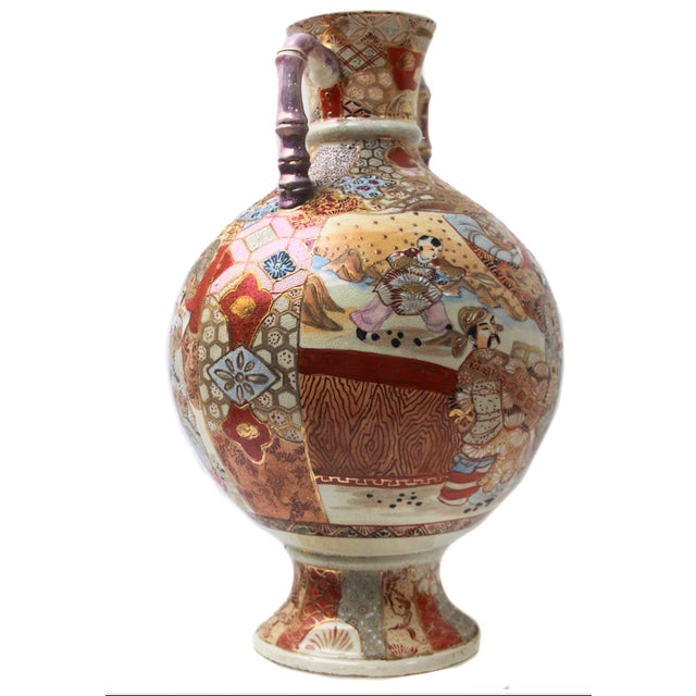 Early 19th Century Antique Japanese Satsuma Earthenware Figural Vase With Twin Handles and Heavy Gilt Brocade For Sale - Image 5 of 5