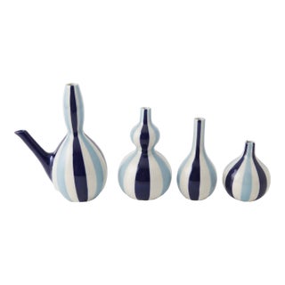Jonathan Adler Happy Chic Set of 4 Blue & White Striped Ceramic Vessels For Sale
