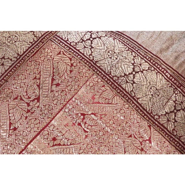 Decorative accent silk throw pillow made from vintage sari borders. One of a kind silk sari, red, green, gold, green,...