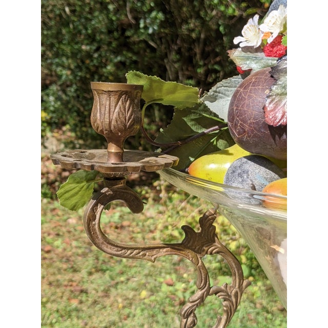Ornate Brass Tripod Compote Centerpiece Candelabra & Large Fluted Bowl With Fruit For Sale - Image 4 of 12