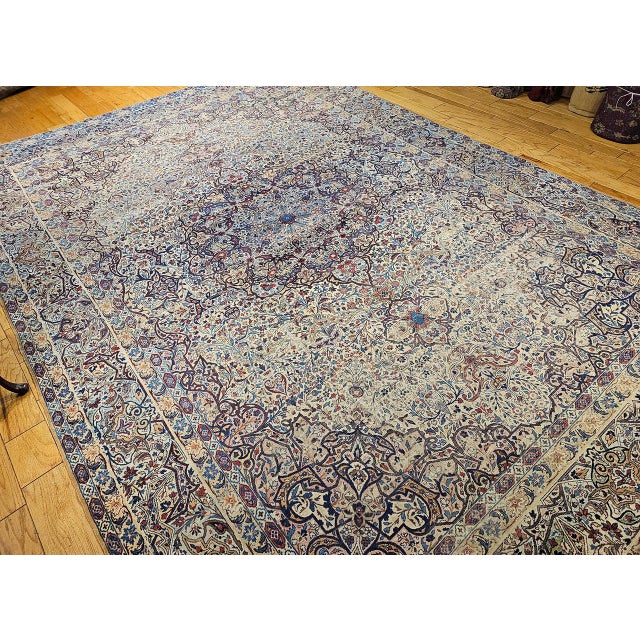19th Century Oversized Persian Kerman Lavar Rug, Hand-Knotted Wool, Floral Pattern, Ivory & Blue,11x17 For Sale - Image 9 of 18