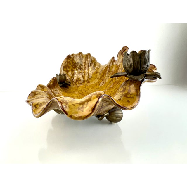 Vintage Mid Century Castilian Imports Ruffled Ceramic Lotus Bowl With Bronze Accents For Sale - Image 12 of 14