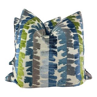 Lee Jofa Modern "Fractal Velvet" in Blue/Green 22" Pillows-A Pair For Sale