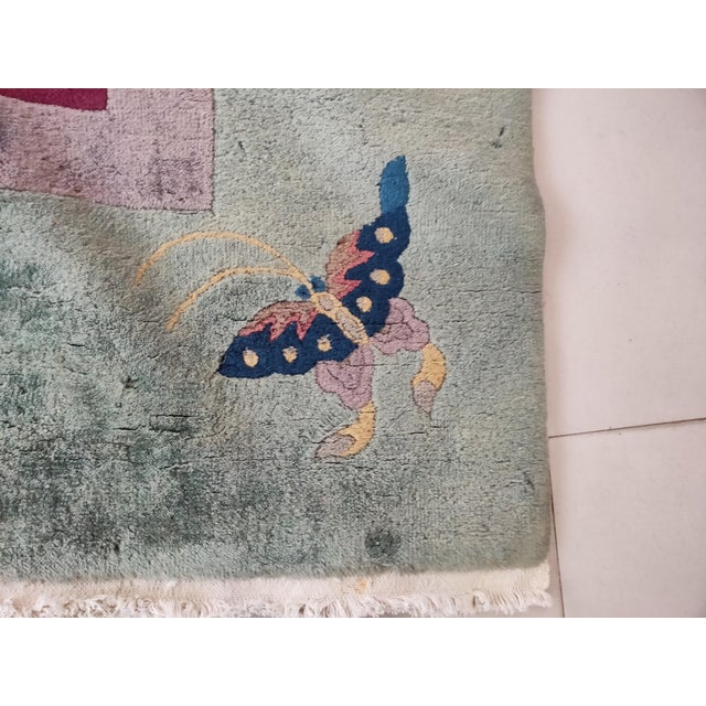 1920s Dark Pink Floral Antique Chinese Art Deco Rug 9'2" X 11'8" Handknotted Wool Carpet For Sale - Image 4 of 4