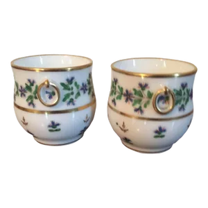 Antique French Empire 18th Century Paris Porcelain Pot De Creme Urn Vase Cup Sprig Cornflower - a Pair