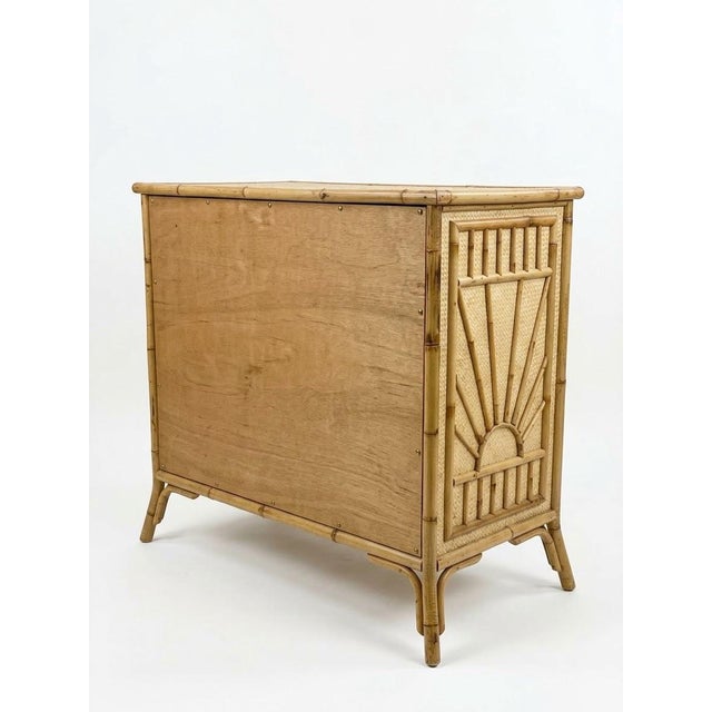 2000 - 2009 Vintage Tropical Rattan & Bamboo 3-Drawer Dresser With Sunburst Motif For Sale - Image 5 of 12