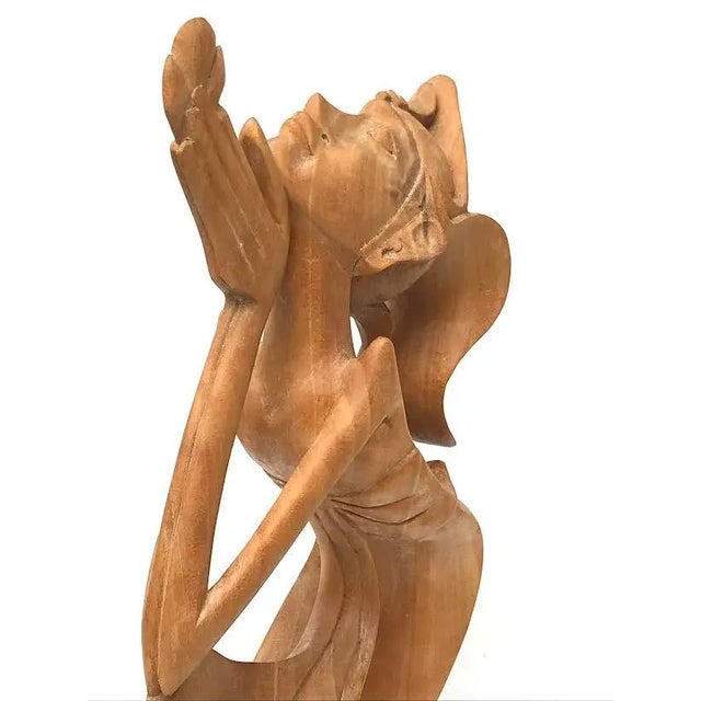 Vintage Modernist Figural Tropical Wood Carving Woman Prayer Offering Bali Circa.1950 For Sale - Image 9 of 10